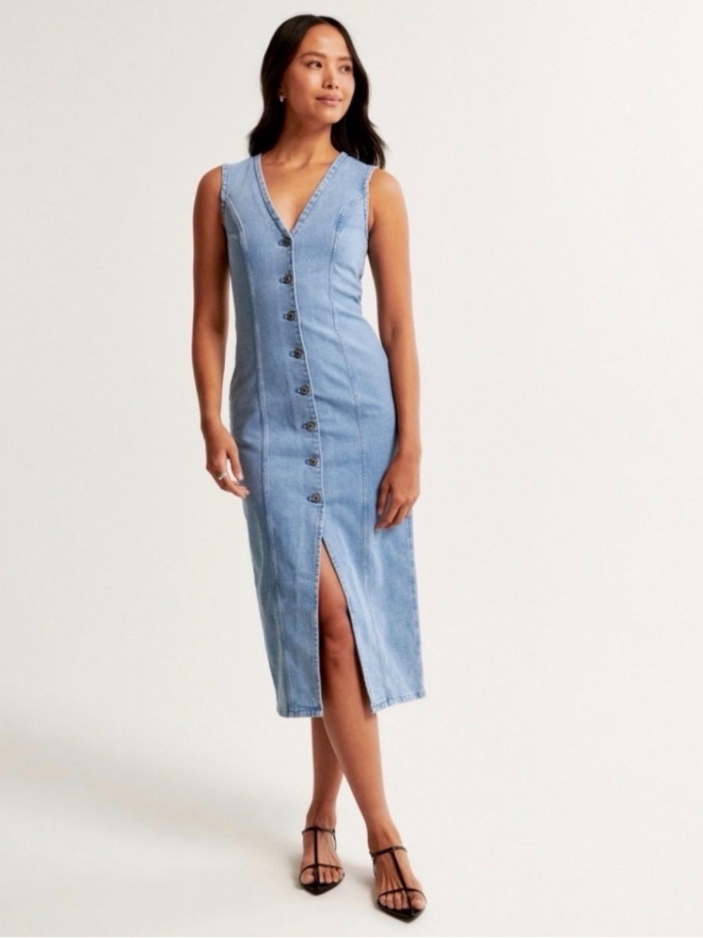 Abercrombie & Fitch Light Blue Denim Button-Front Midi Dress